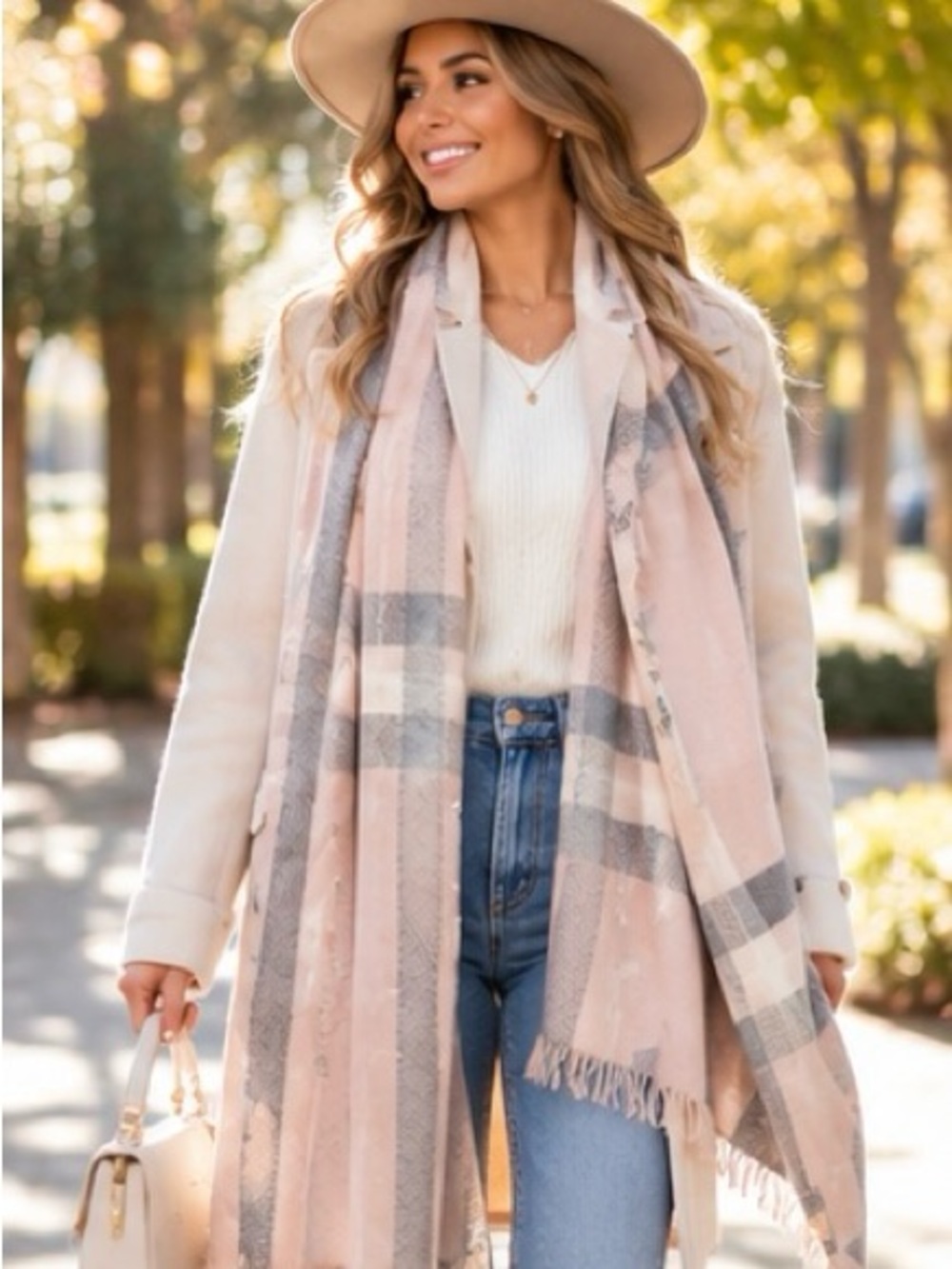 Kismet Oversized Reversible Plaid Scarf Wrap Blush Pink Grey Cozy Fringe Blanket